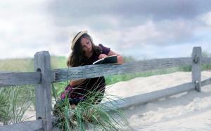 Girl read book, fence, outdoor wallpaper thumb