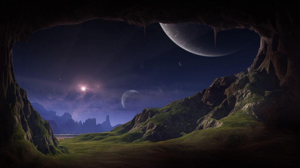 Sky view from the cave wallpaper,fantasy HD wallpaper,1920x1080 HD wallpaper,star HD wallpaper,planet HD wallpaper,moon HD wallpaper,cave HD wallpaper,1920x1080 wallpaper