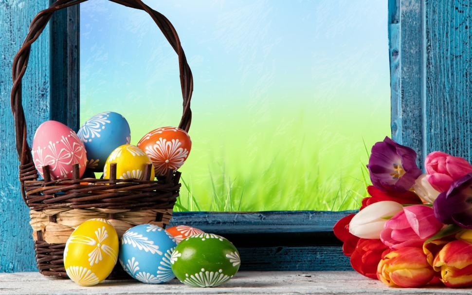 Happy Easter, colorful eggs, basket, tulips, flowers wallpaper,Happy HD wallpaper,Easter HD wallpaper,Colorful HD wallpaper,Eggs HD wallpaper,Basket HD wallpaper,Tulips HD wallpaper,Flowers HD wallpaper,2560x1600 wallpaper