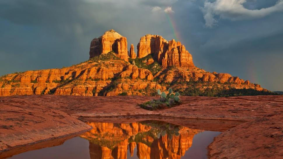Reflection Of Rainbow Cathedral Rock Formation wallpaper,pond HD wallpaper,rainbow HD wallpaper,rocks HD wallpaper,reflection HD wallpaper,cactus HD wallpaper,desert HD wallpaper,nature & landscapes HD wallpaper,1920x1080 wallpaper
