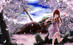 Red hair anime girl play violin, sakura petals, trees wallpaper thumb