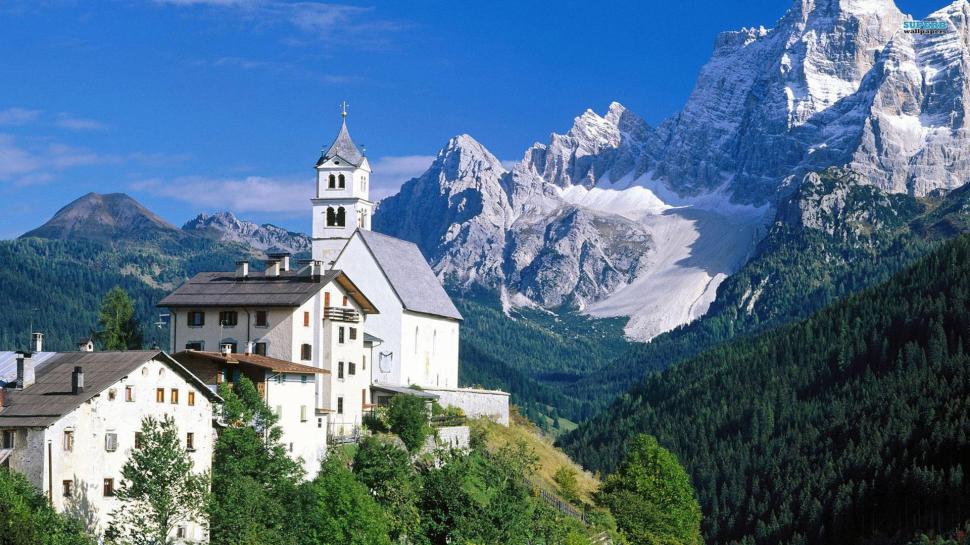 Church By The Dolomite Mountains wallpaper,snow HD wallpaper,forest HD wallpaper,church HD wallpaper,mountains HD wallpaper,3d & abstract HD wallpaper,1920x1080 wallpaper
