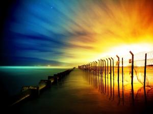 Colorful Fence Sunset Ocean HD wallpaper thumb