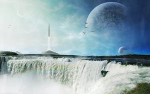 Art pictures, waterfall, planet, rocket wallpaper thumb