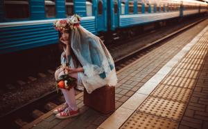 Lonely girl, bride, train, suitcase wallpaper thumb