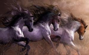 Three horses running, grass wallpaper thumb