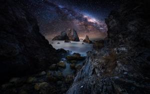 Landscape, Coast, Sea, Milky Way, Sky, Starry Night, Rock wallpaper thumb