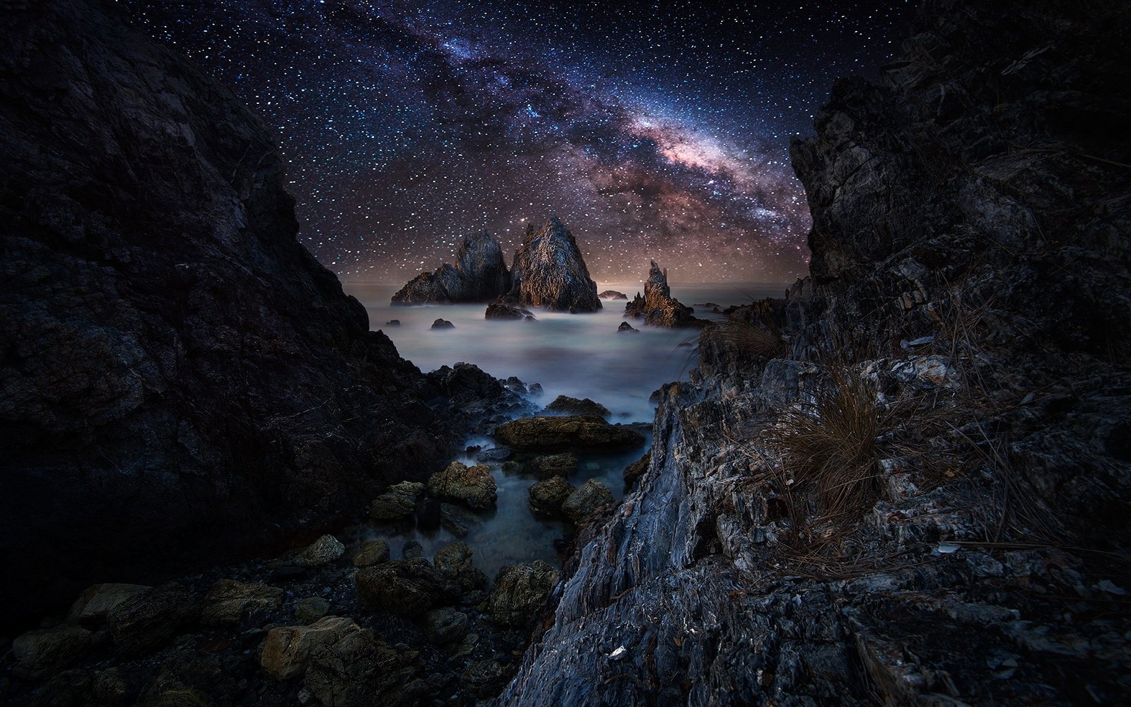 Landscape Coast Sea Milky Way Sky Starry Night Rock Wallpaper
