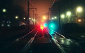 City, night, rails, fog, bokeh, colorful lights wallpaper thumb
