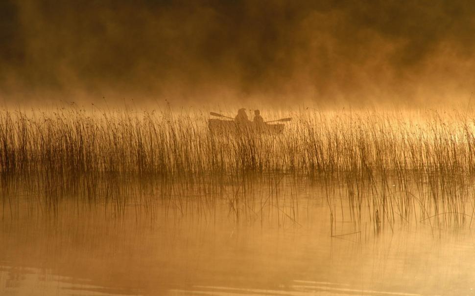 Early Morning Fishing On A Misty Lake wallpaper,mist HD wallpaper,lake HD wallpaper,boat HD wallpaper,morning HD wallpaper,reeds HD wallpaper,nature & landscapes HD wallpaper,1920x1200 wallpaper