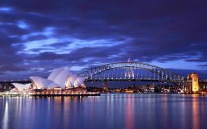 Australia, Sydney Opera House, night, bridge, lights, blue, sea, sky, clouds wallpaper thumb