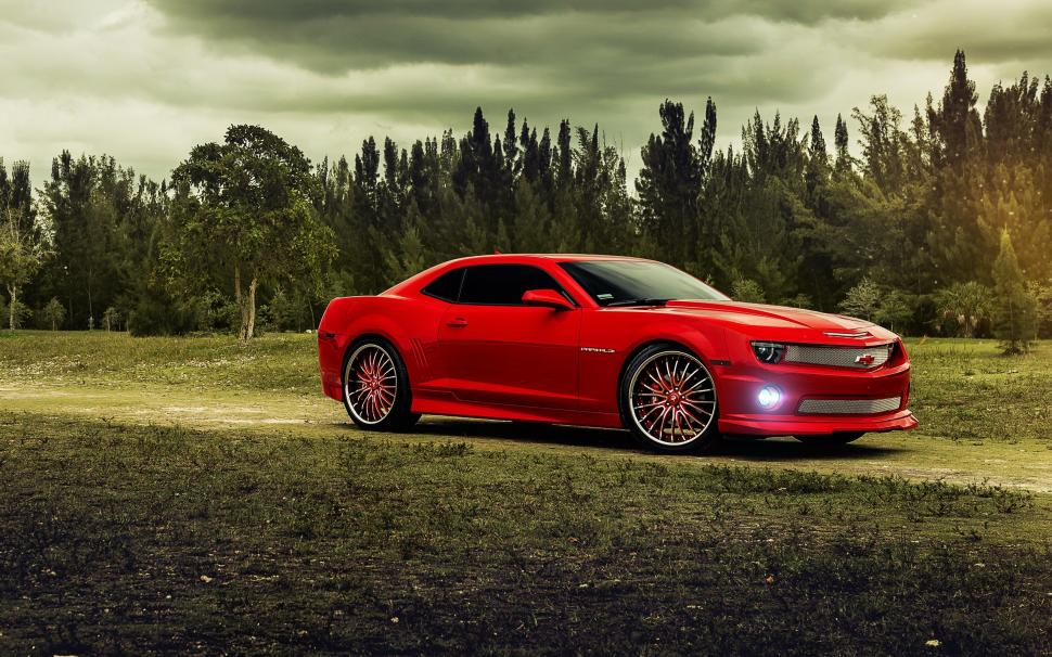 Chevrolet Camaro red muscle car, trees, clouds wallpaper,Chevrolet HD wallpaper,Red HD wallpaper,Car HD wallpaper,Trees HD wallpaper,Clouds HD wallpaper,2560x1600 wallpaper