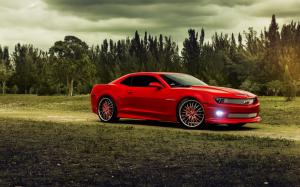 Chevrolet Camaro red muscle car, trees, clouds wallpaper thumb