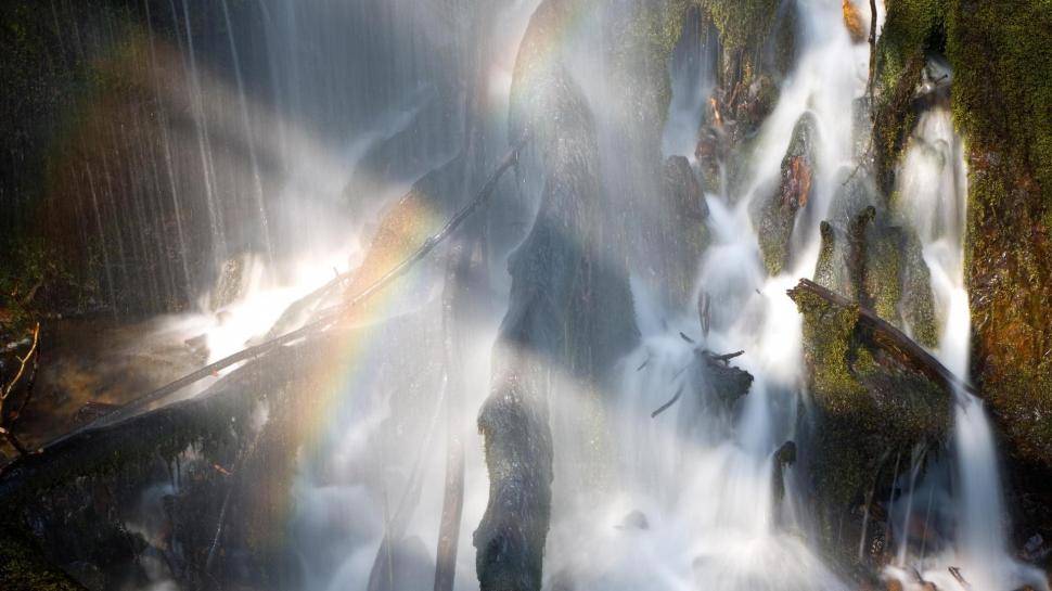 Rainbow forming in the sunlit waterfall wallpaper,nature HD wallpaper,1920x1080 HD wallpaper,rainbow HD wallpaper,waterfall HD wallpaper,1920x1080 wallpaper