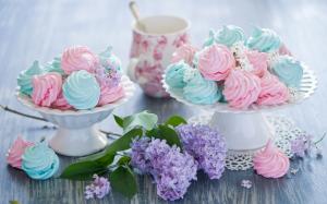 Meringues, sweet cakes, colorful, food, lilac flowers wallpaper thumb