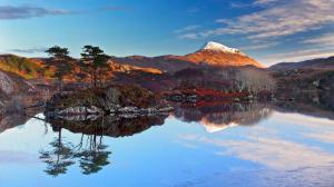 Scotland landscape, lake, sky, clouds, sunset, mountains, snow, trees wallpaper thumb