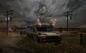 Buses, The Darkness, Swamp, Adobe Photoshop, Photo Manipulation wallpaper thumb