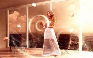 White dress magic girl, window, creative design wallpaper thumb