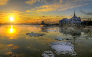 St. Petersburg, winter, snow, boat, buildings, sunrise wallpaper thumb