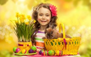 Easter eggs, cute girl, rabbit, flowers wallpaper thumb