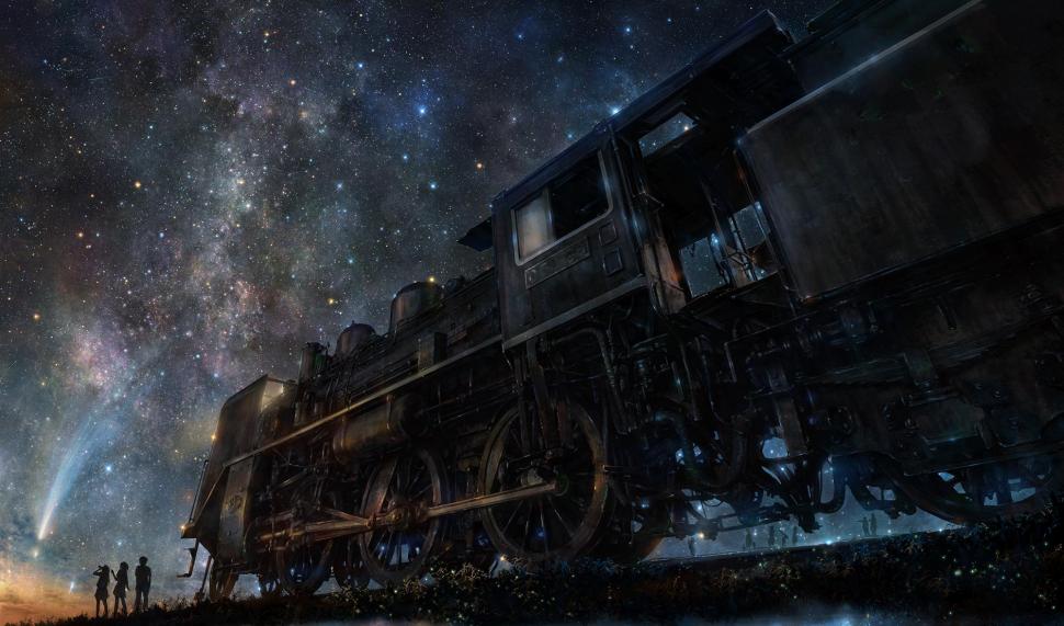 Iy tujiki, art, night, train, anime, starry sky wallpaper,iy tujiki HD wallpaper,night HD wallpaper,train HD wallpaper,anime HD wallpaper,starry sky HD wallpaper,2000x1178 wallpaper