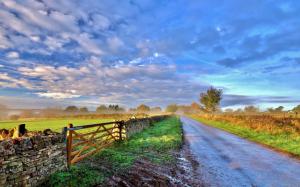 Sky, clouds, morning, road, fence, trees, grass wallpaper thumb