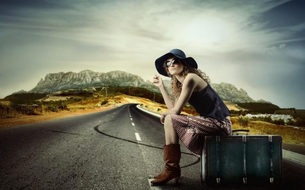 Waiting on the road wallpaper,girl HD wallpaper,woman HD wallpaper,lugage HD wallpaper,1920x1200 wallpaper