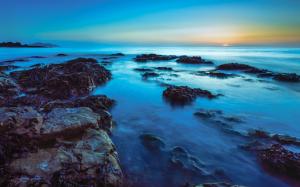 Ocean Rocks Stones Sunset Blue HD wallpaper thumb
