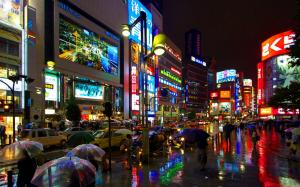 Japanese city rainy night street wallpaper thumb