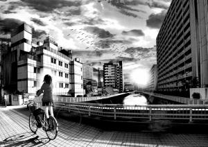 Manga, Monochrome, Oyasumi Punpun, Bicycles, Buildings, Birds, Flying, Anime wallpaper thumb