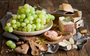 Green grapes, cheese, salt, spoons, leaves wallpaper thumb