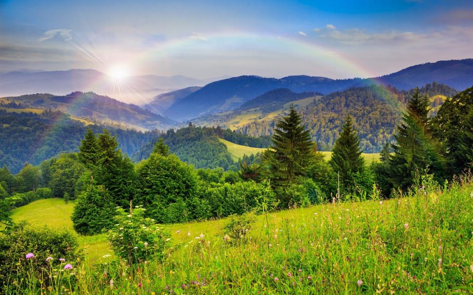 Rainbow Over the Mountains wallpaper,landscape HD wallpaper,forest HD wallpaper,mountains HD wallpaper,rainbow HD wallpaper,2880x1800 wallpaper