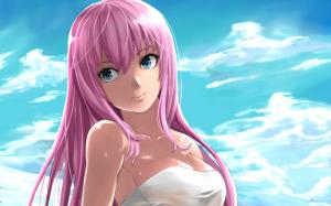 Anime girl smiling, pink hair, the blue sky and white clouds wallpaper thumb