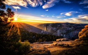 Sunrise landscape, mountains, forest, pine trees, sun rays wallpaper thumb