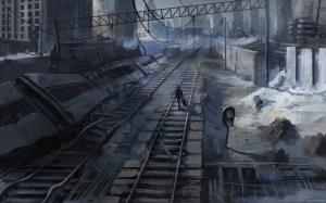 Romantically Apocalyptic Apocalypse Drawing Railroad Rails Person HD wallpaper thumb