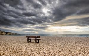 Sea, beach, stones, bench, clouds wallpaper thumb