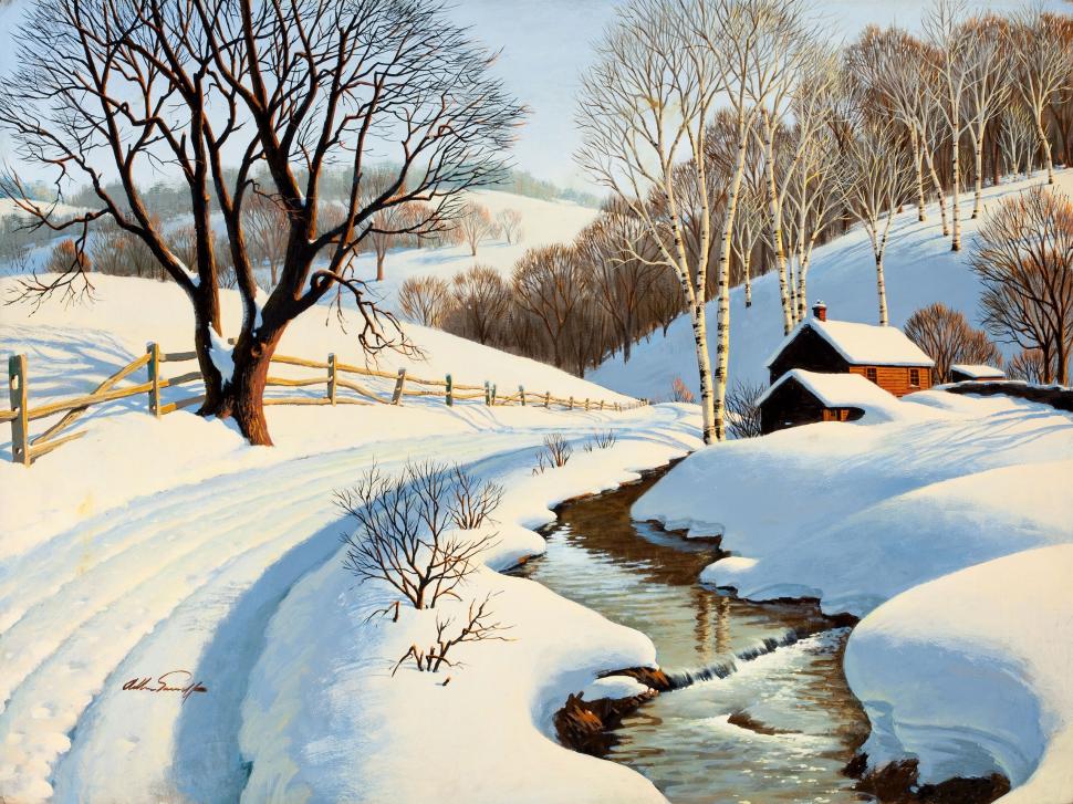 Winter scenery painting, stream, house, road, trees, snow wallpaper,Winter HD wallpaper,Scenery HD wallpaper,Painting HD wallpaper,Stream HD wallpaper,House HD wallpaper,Road HD wallpaper,Trees HD wallpaper,Snow HD wallpaper,2560x1920 wallpaper