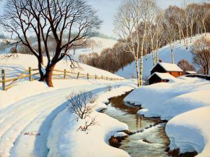 Winter scenery painting, stream, house, road, trees, snow wallpaper thumb