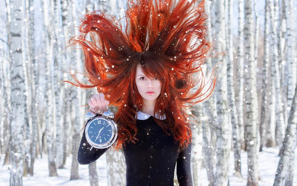 Red hair girl, wind, clock, snow, forest wallpaper,Red HD wallpaper,Hair HD wallpaper,Girl HD wallpaper,Wind HD wallpaper,Clock HD wallpaper,Snow HD wallpaper,Forest HD wallpaper,1920x1200 wallpaper