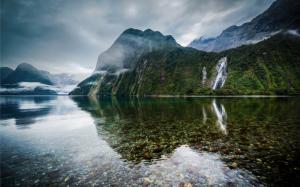 New Zealand, lake, mountains, mist, falls wallpaper thumb