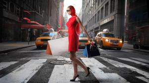 Woman In A Red Dress Shopping In Nyc wallpaper thumb