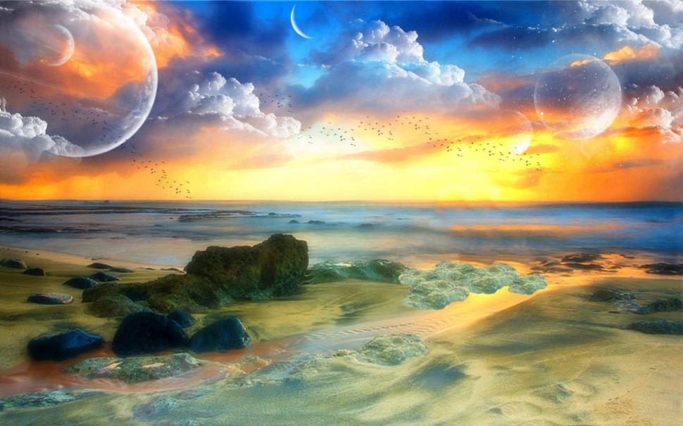 Planets reflecting in the sea wallpaper,fantasy HD wallpaper,1920x1200 HD wallpaper,ocean HD wallpaper,star HD wallpaper,planet HD wallpaper,moon HD wallpaper,1920x1200 wallpaper