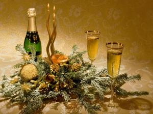 christmas, new year, fur-tree, ornaments, champagne, candles wallpaper thumb