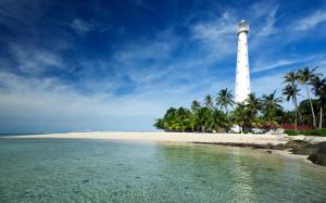 Belitung Island, Indonesia, Java Sea, lighthouse, coast, palm trees wallpaper thumb