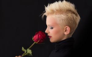red rose, flower, girls, woman, dark, model, blonde, face, lady, short hair wallpaper thumb