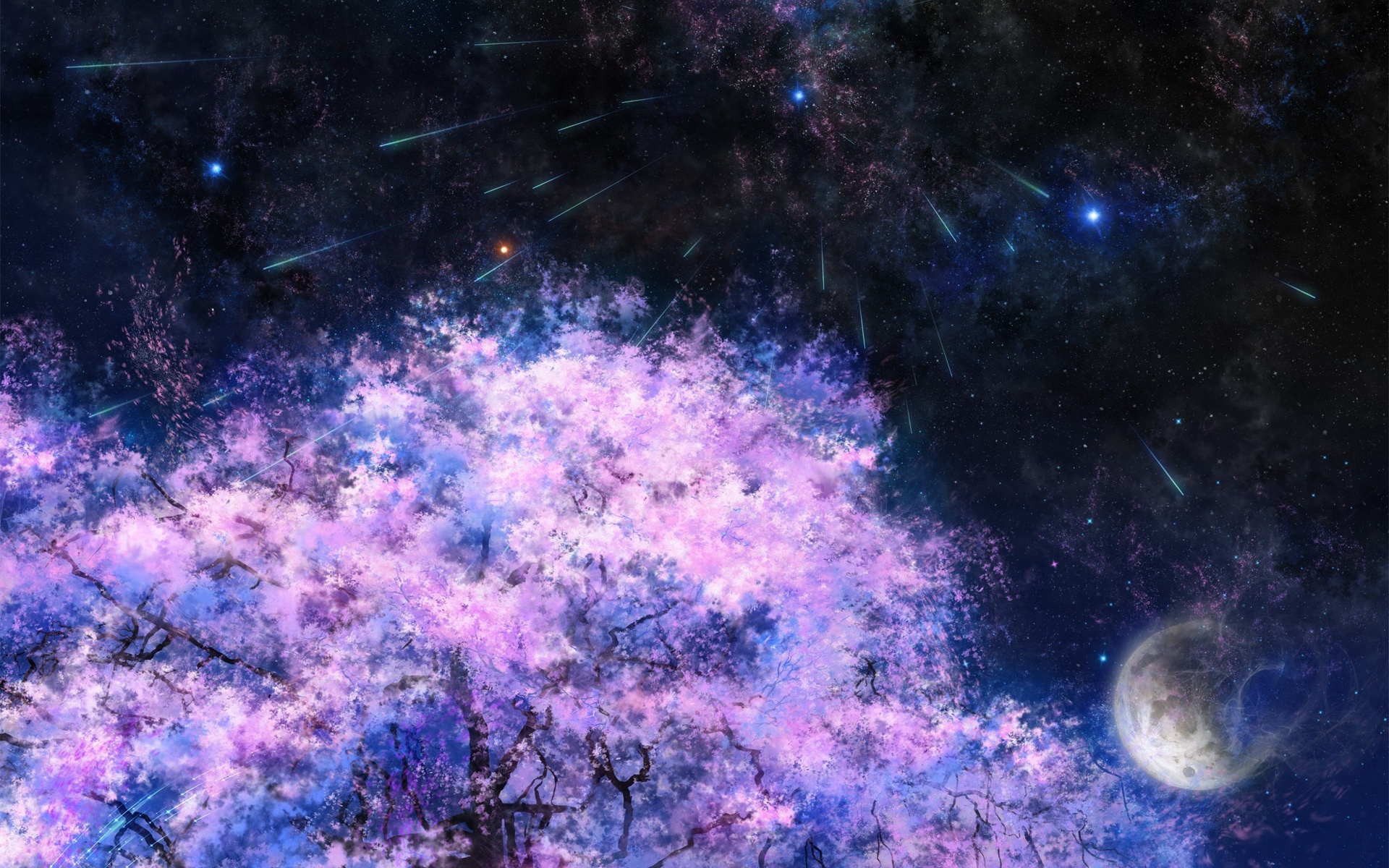 Download Wallpaper For 3x240 Resolution Art Painting Cherry Trees Space Meteor Shower Creative And Fantasy Wallpaper Better