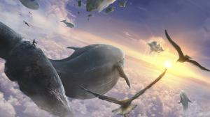 Whale Sunlight Birds Sky Floating HD wallpaper thumb
