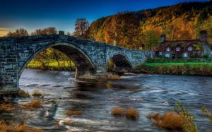 Bridge, house, river, autumn, forest wallpaper thumb