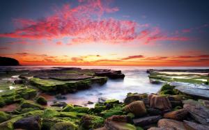 The red color of the sky, ocean, rocks, moss wallpaper thumb