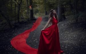 Red dress girl in the forest, bird, dusk wallpaper thumb